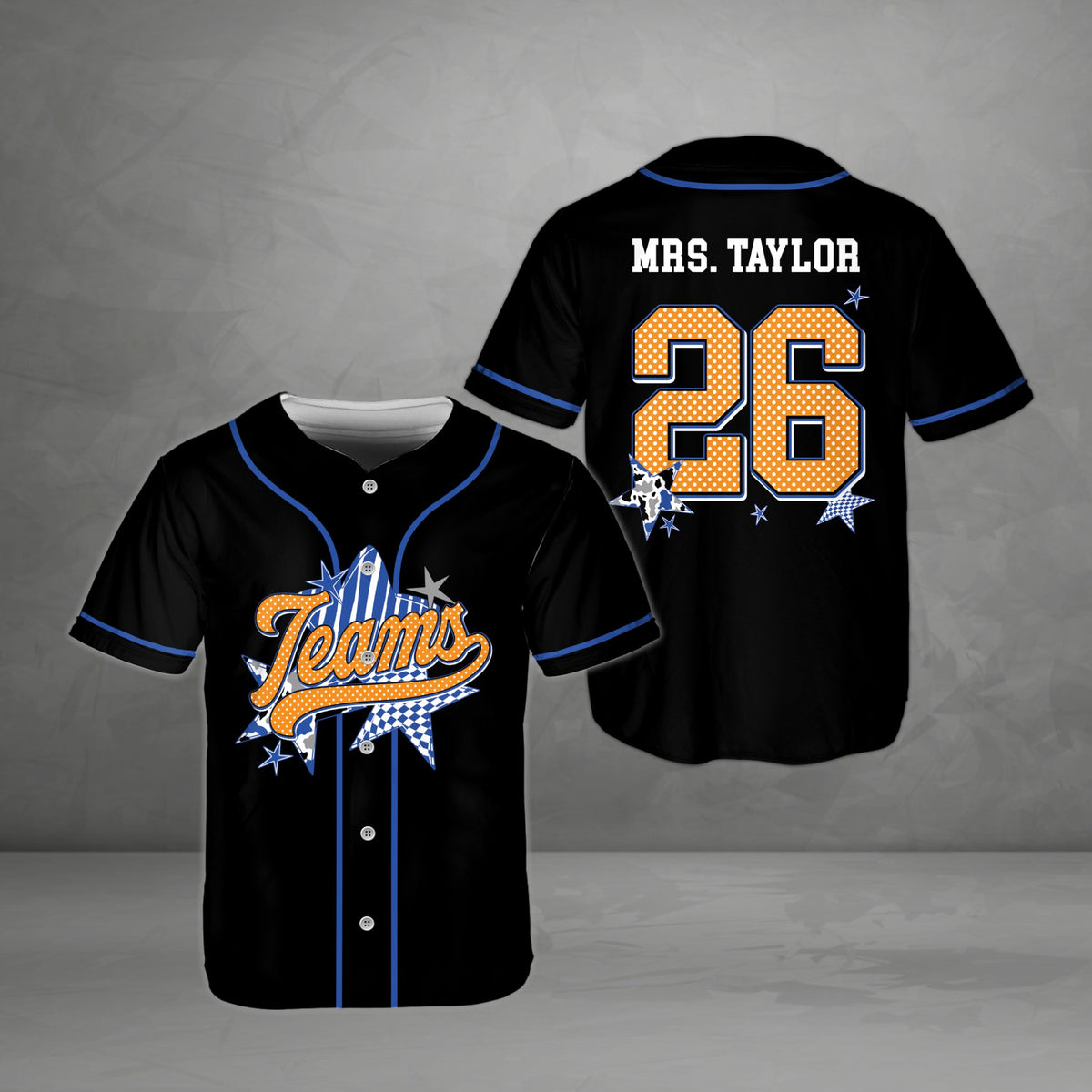 Personalized school baseball jersey in black with abstract star patterns and custom text, front view