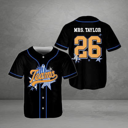 Personalized school baseball jersey in black with abstract star patterns and custom text, front view
