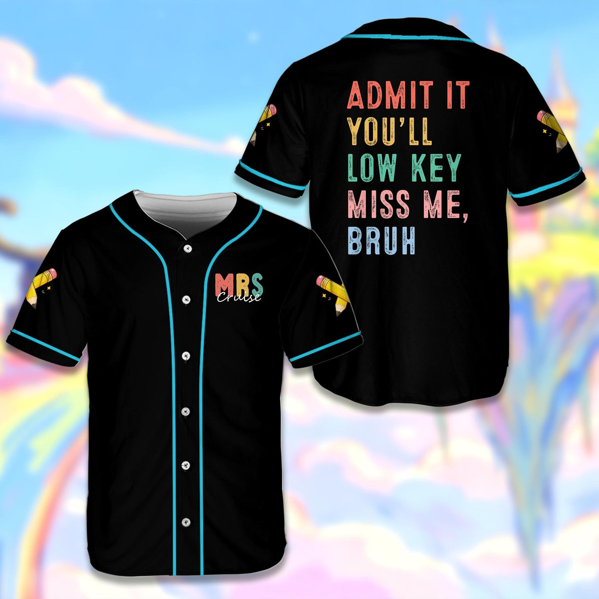 Front view of the black personalized school baseball jersey featuring a colorful teacher design and custom name.