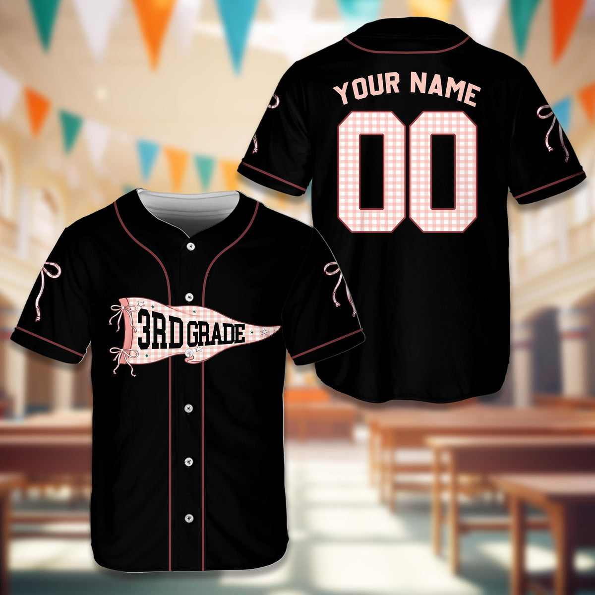 Black school baseball jersey with 3rd grade pennant graphic, front view