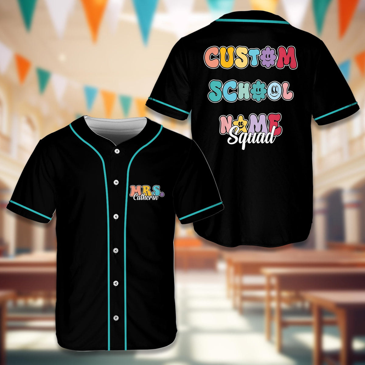 Front view of a personalized black school baseball jersey featuring a custom name on the left chest