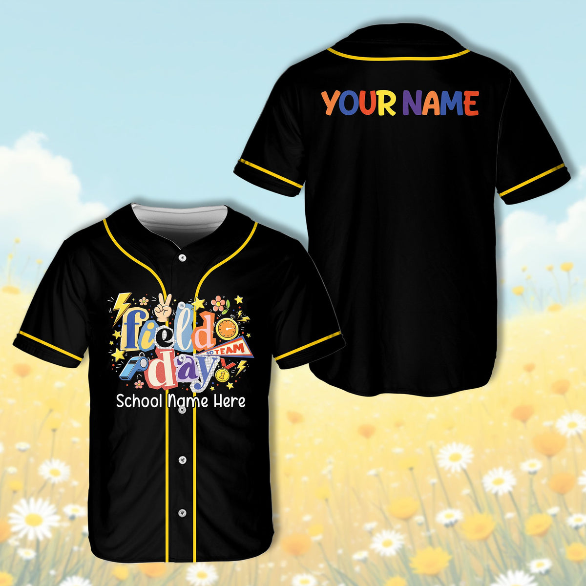 Front view of personalized school baseball jersey in black