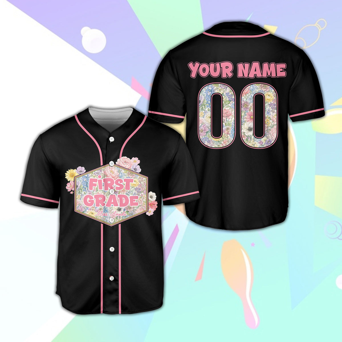 Black custom baseball jersey with floral school design, front view