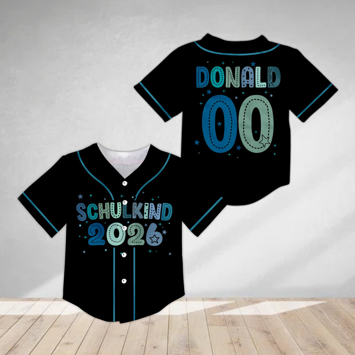 Alternate front view of black school baseball jersey