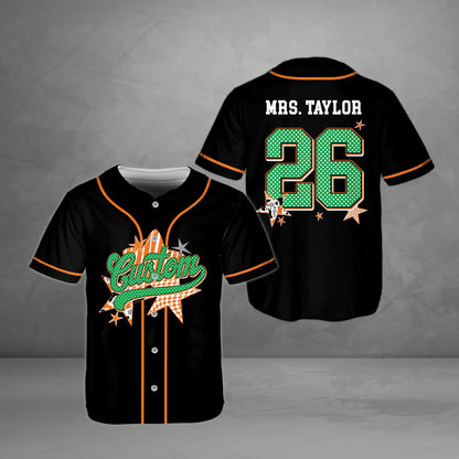 Personalized school baseball jersey in black with abstract star patterns and custom text, alternate front view