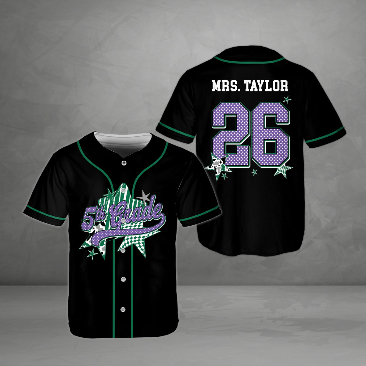 Personalized school baseball jersey in black with abstract star patterns and custom text, another front view