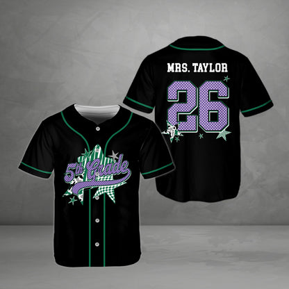 Personalized school baseball jersey in black with abstract star patterns and custom text, another front view