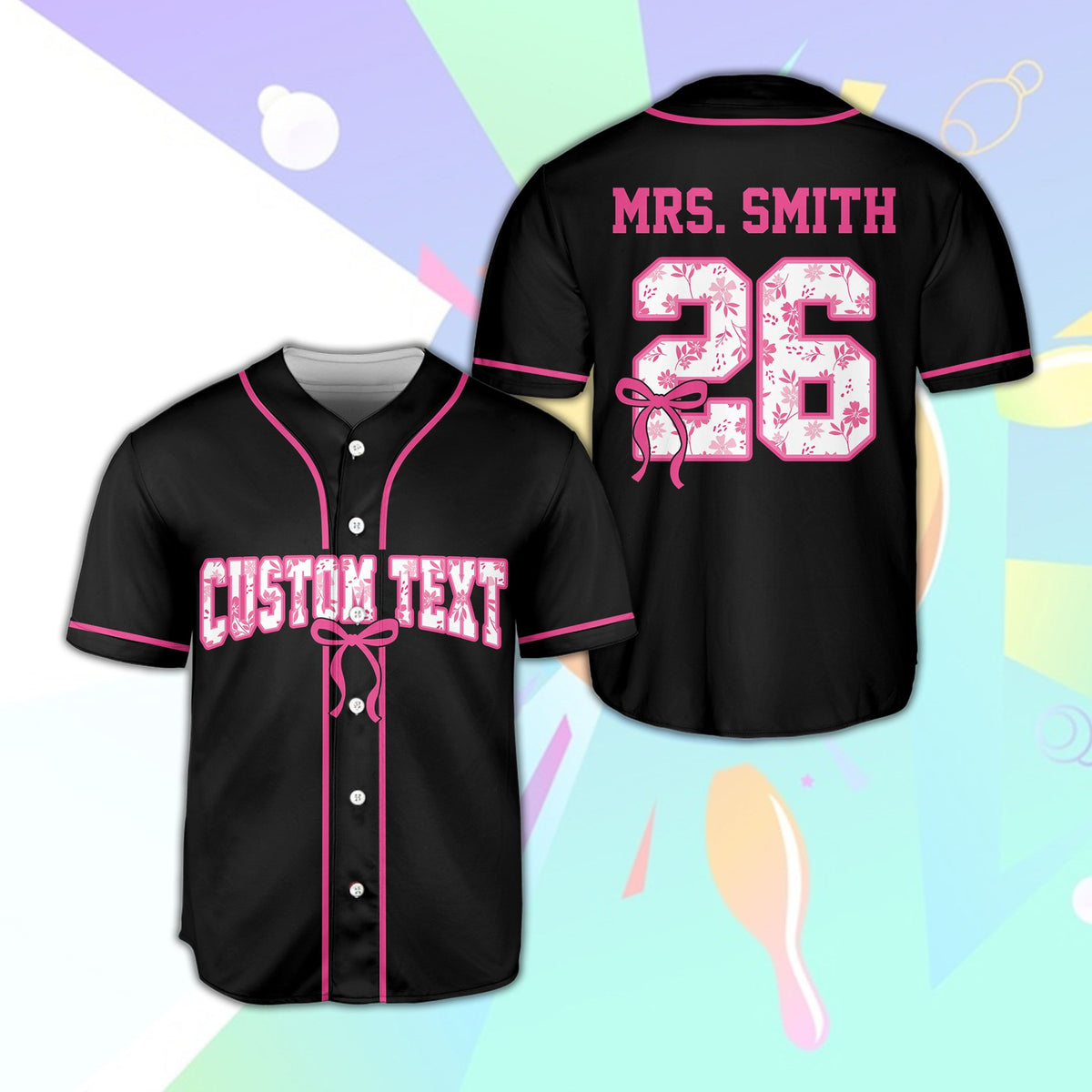 Black school baseball jersey with floral patterned text