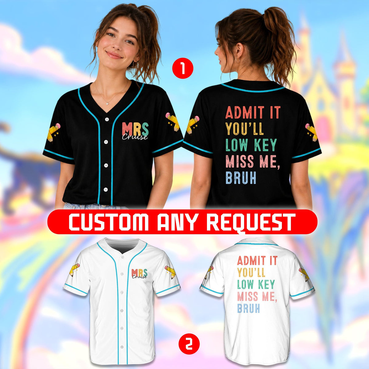 Lifestyle view of an adult wearing the black school baseball jersey showing the colorful front text.