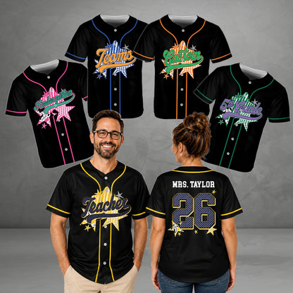 Adult wearing the personalized black school baseball jersey, lifestyle view