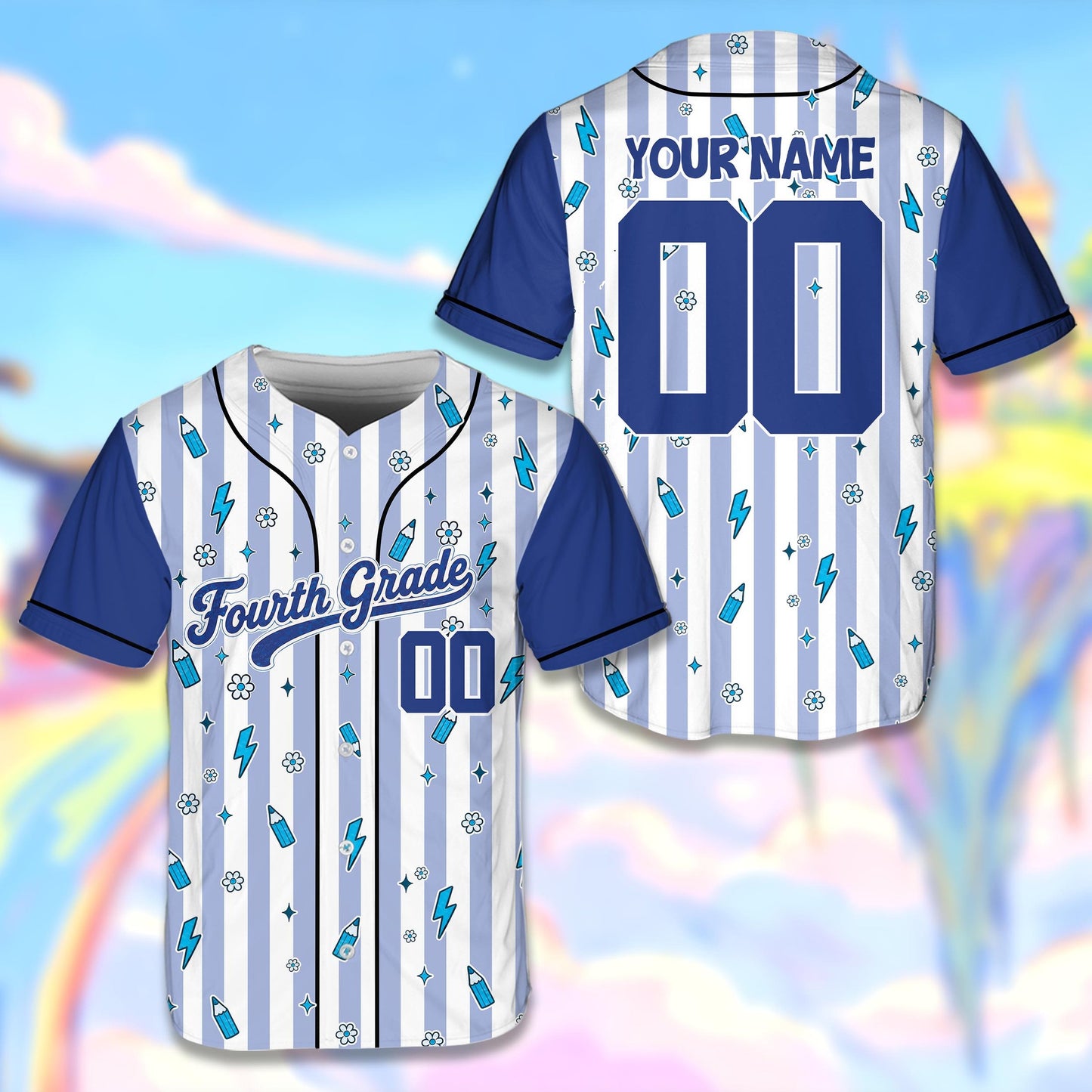 Personalized blue school baseball jersey front view