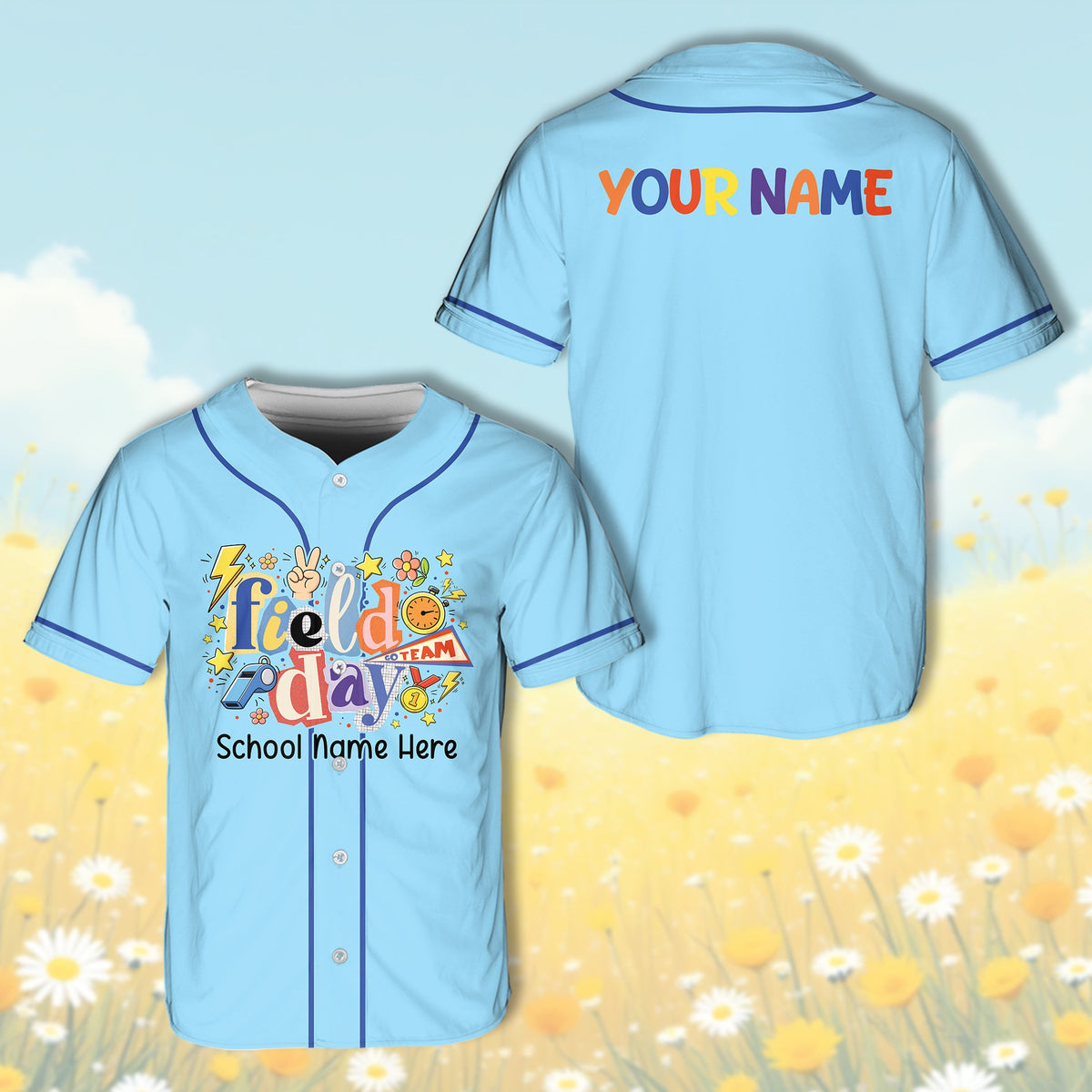 Front view of personalized school baseball jersey in light blue