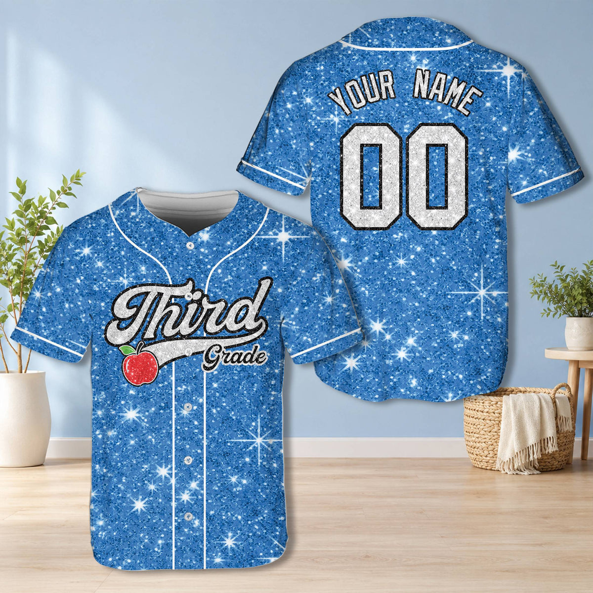 Personalized blue school baseball jersey featuring faux glitter design, front view