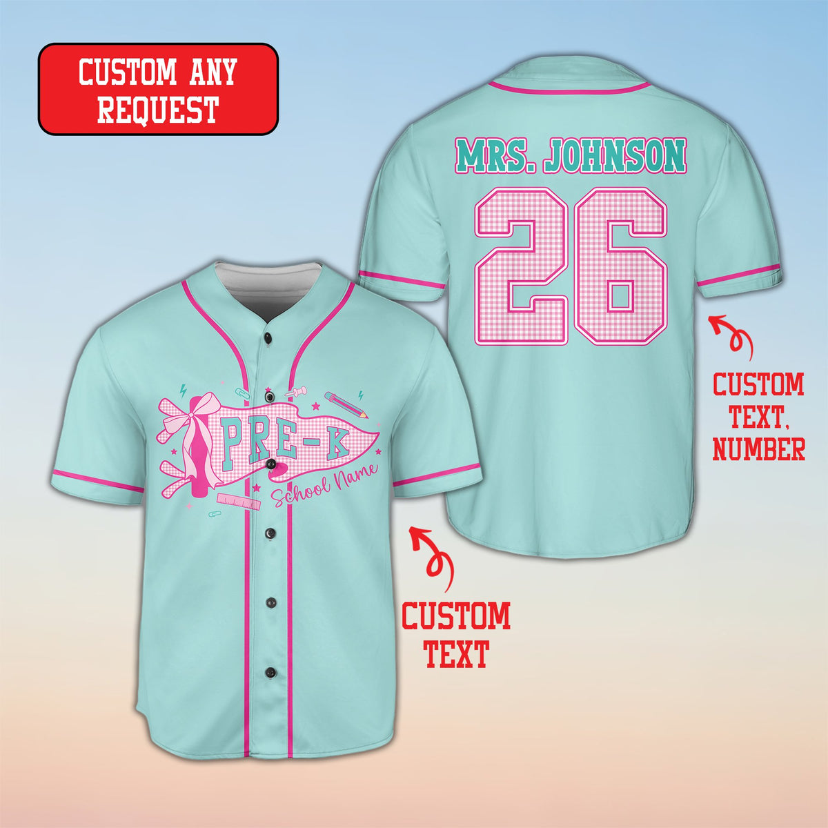 Light blue school baseball jersey featuring teacher pennant design, front view