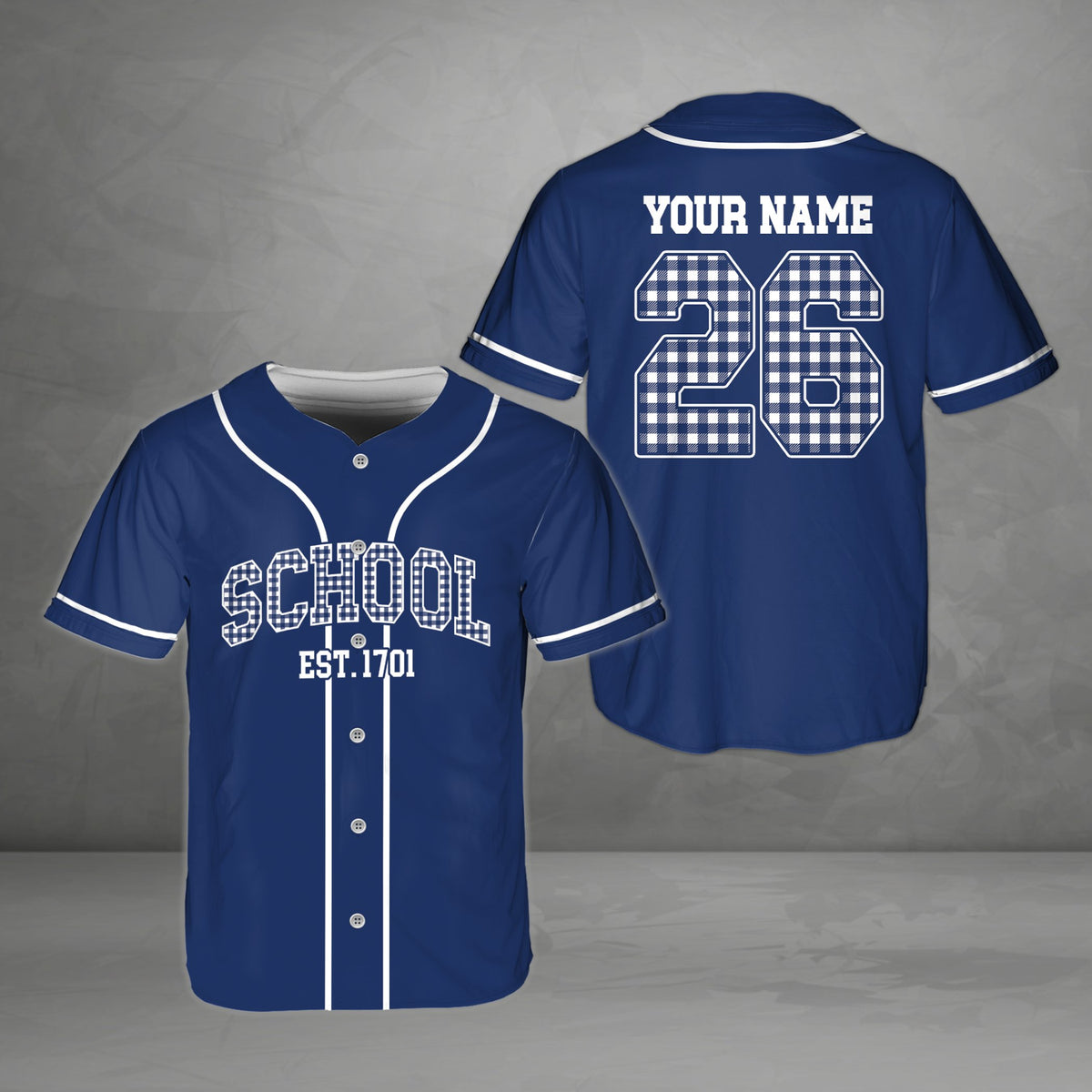 Blue personalized baseball jersey with school plaid front design
