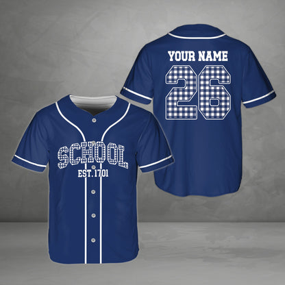 Blue personalized baseball jersey with school plaid front design