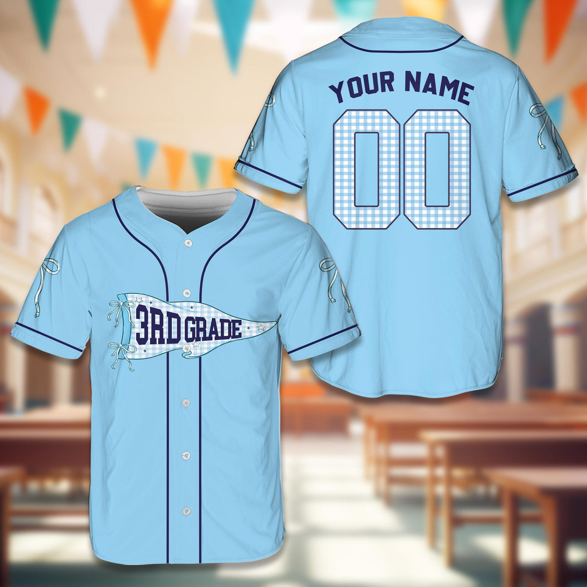 Light blue school baseball jersey with 3rd grade pennant graphic, front view