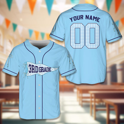 Light blue school baseball jersey with 3rd grade pennant graphic, front view