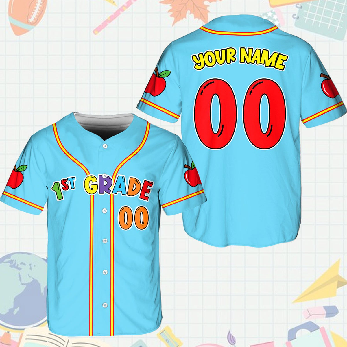 Blue school baseball jersey front view
