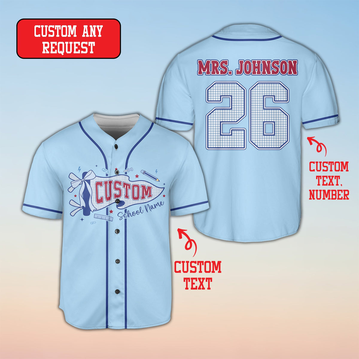 Light blue custom baseball jersey with school graphics, front view