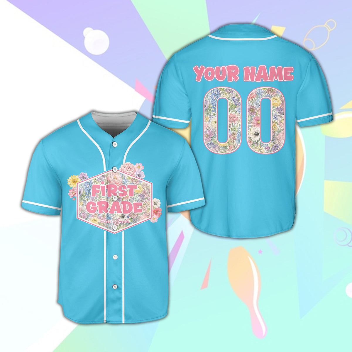 Blue personalized baseball jersey with floral hexagon design, front view