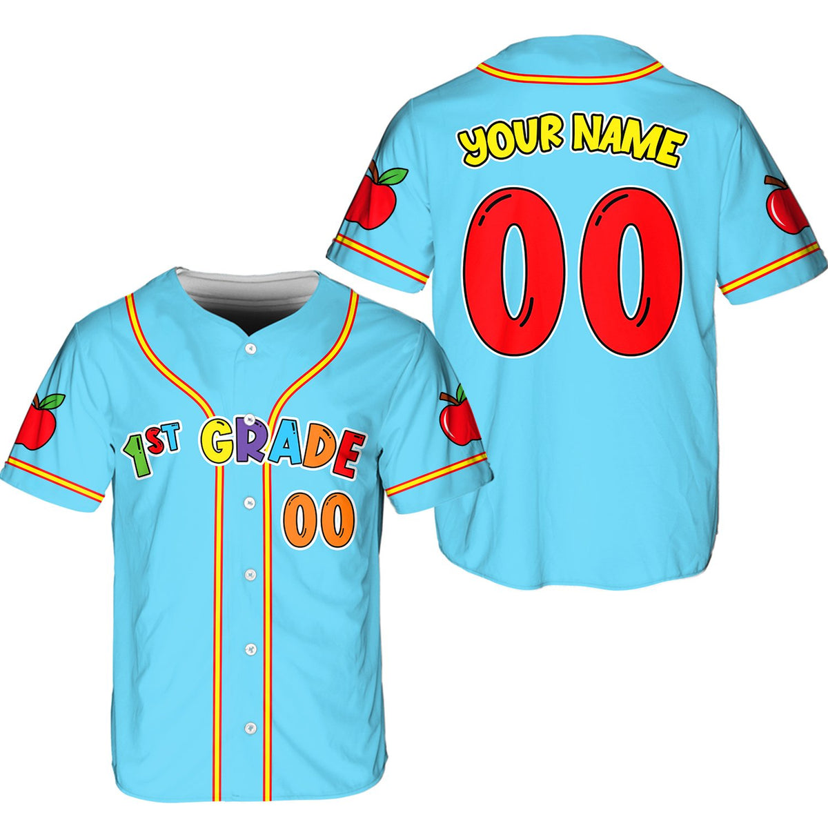 Blue school baseball jersey with custom name and number on the back