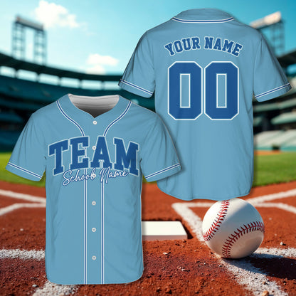 Light blue custom baseball jersey with school design