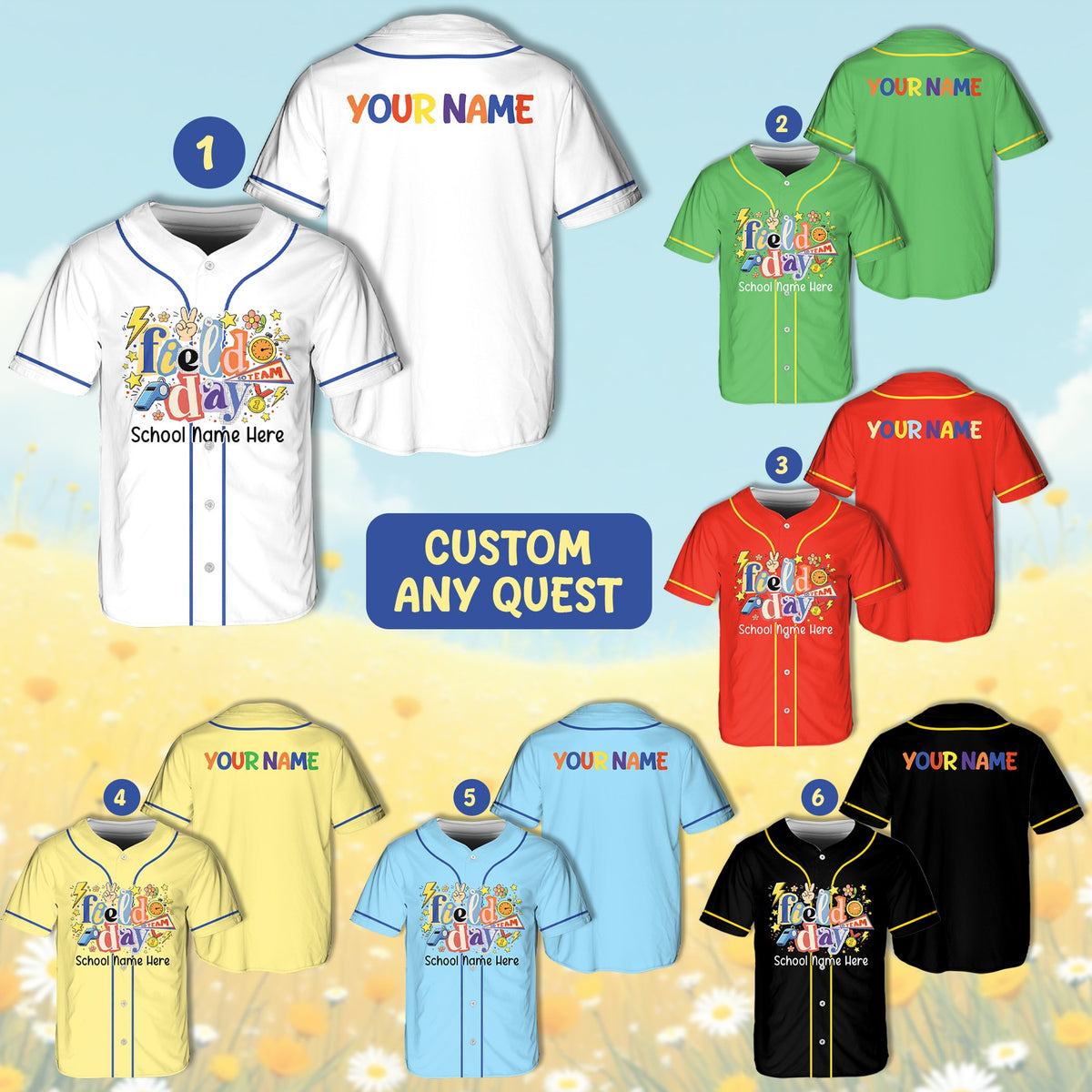 Front view of personalized school baseball jersey in white featuring field day text and school name