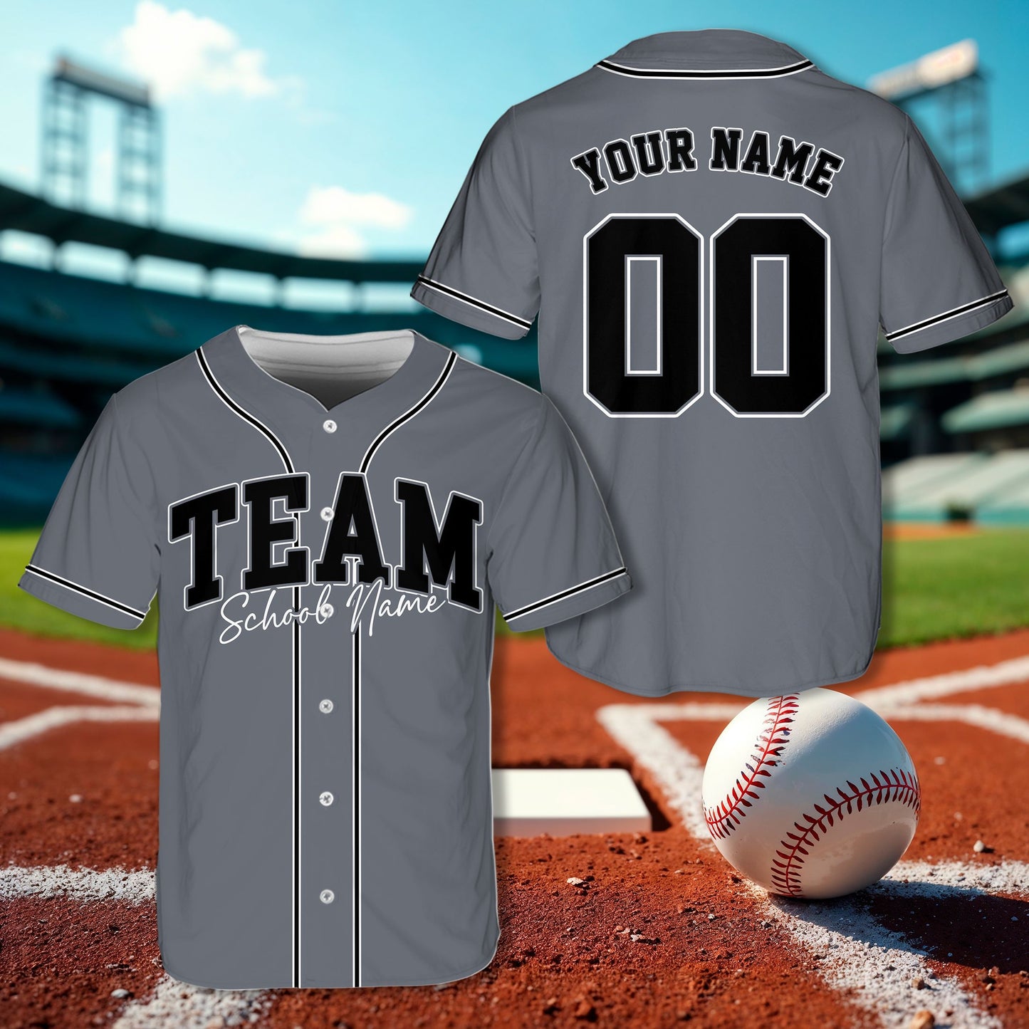 Front view of gray personalized vintage baseball jersey with school team design
