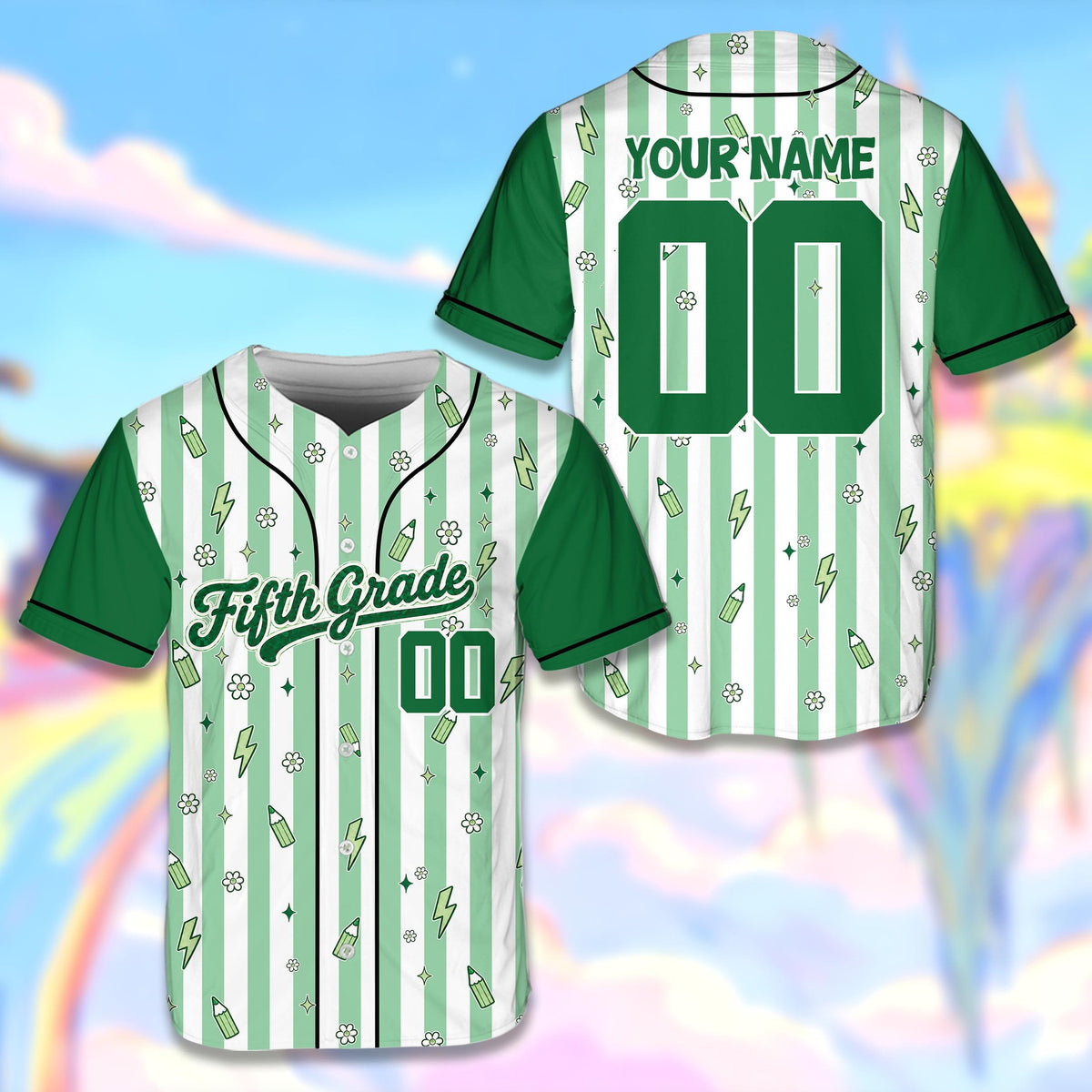 Personalized green school baseball jersey front view