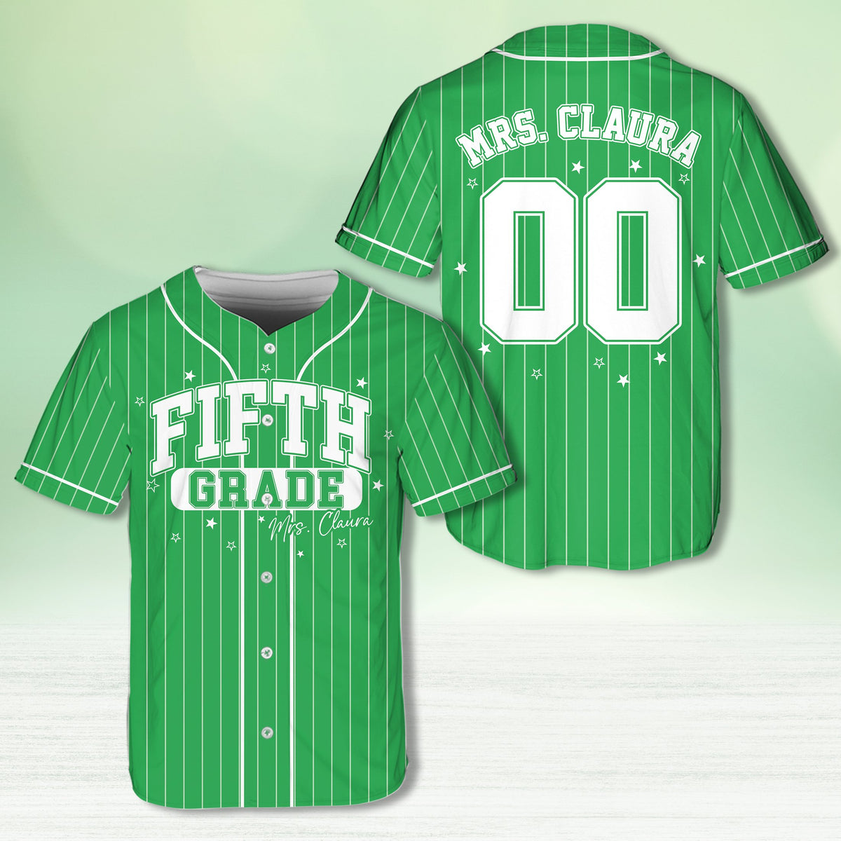 Personalized school baseball jersey in green with custom name and number, front view