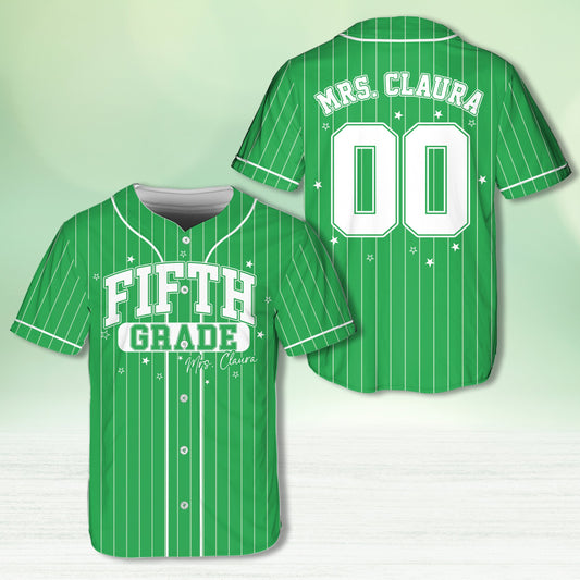 Personalized school baseball jersey in green with custom name and number, front view