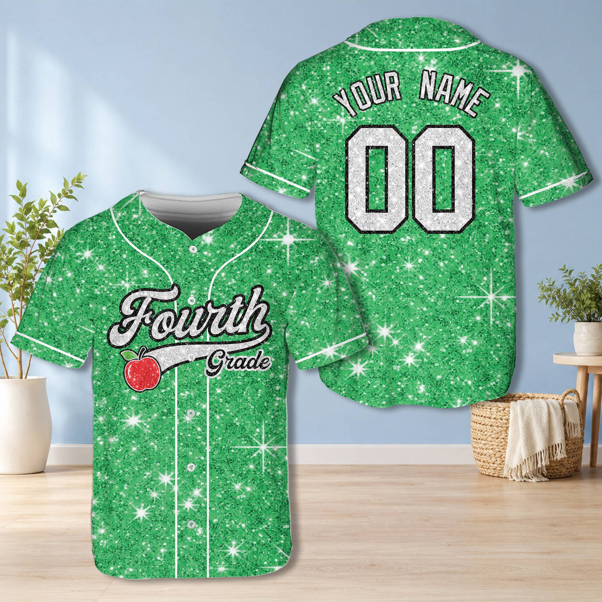 Personalized green school baseball jersey with grade and apple graphic, front view