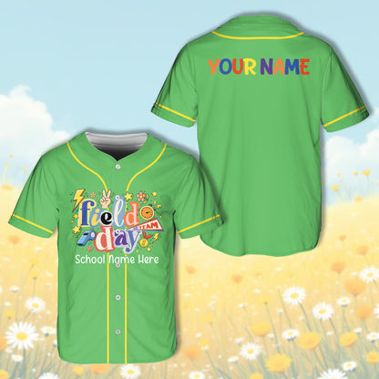 Front view of personalized school baseball jersey in green