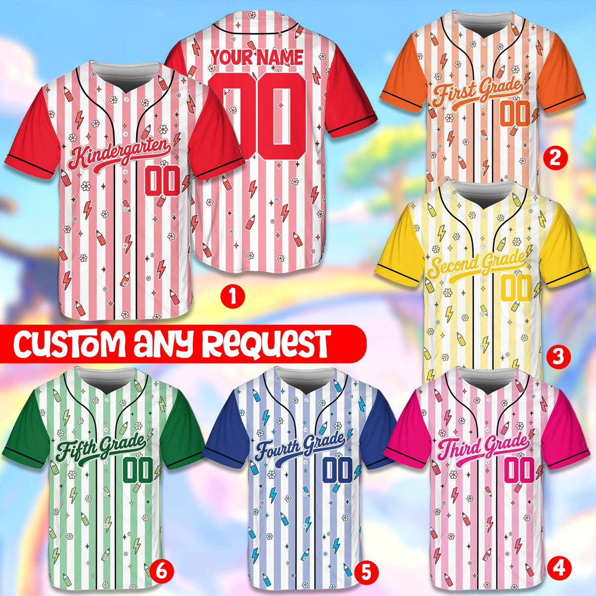 Multicolor back view of the school baseball jersey showing custom name and number