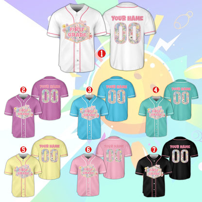 Multicolor floral personalized school baseball jersey, front view