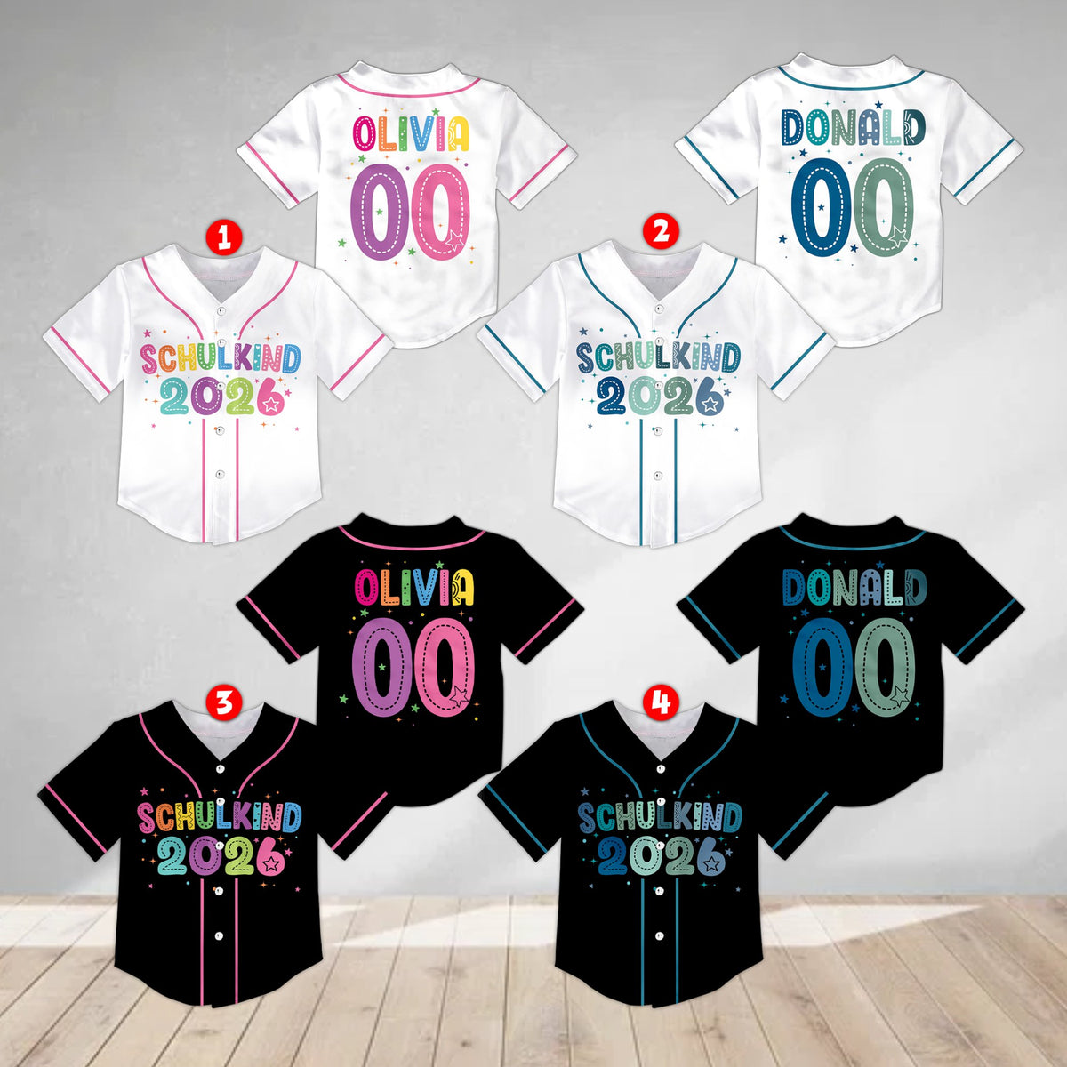 Multicolor variation of personalized Schulkind 2026 baseball jersey