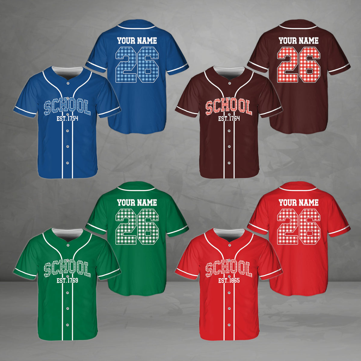 Multicolor custom name and number baseball jersey front view