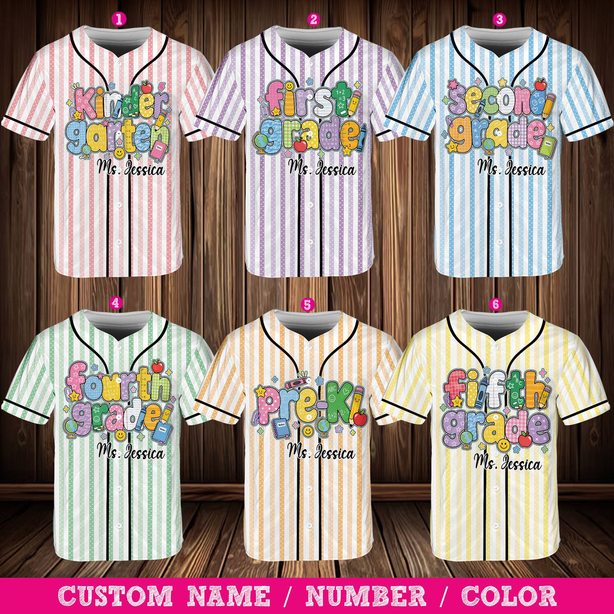 Front view of the custom baseball jersey with school graphics