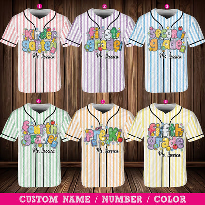 Front view of the custom baseball jersey with school graphics