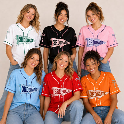 Person wearing a personalized baseball jersey with school graphics