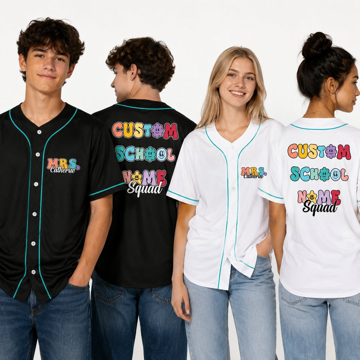 Lifestyle view of an adult wearing the custom baseball jersey with school squad design