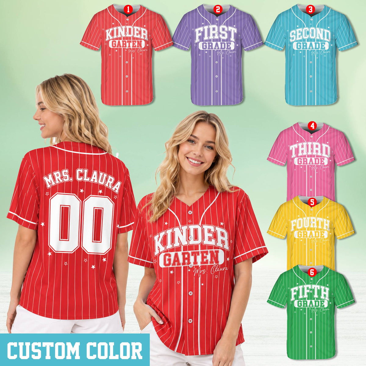 Multiple personalized school baseball jerseys in various colors with custom names and numbers