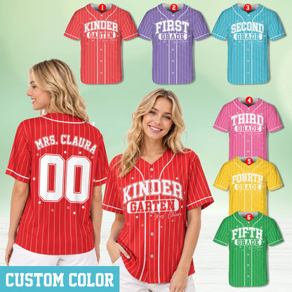 Multiple personalized school baseball jerseys in various colors with custom names and numbers