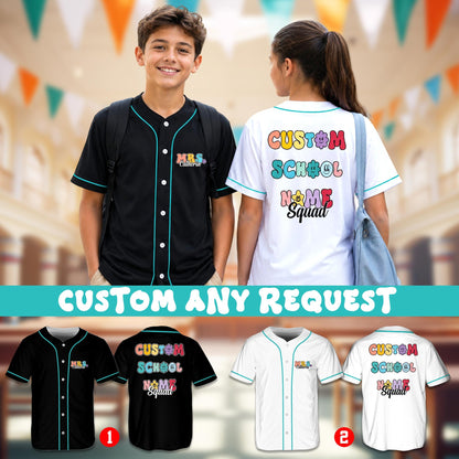 Detailed view highlighting the colorful retro bubble font lettering on the personalized jersey