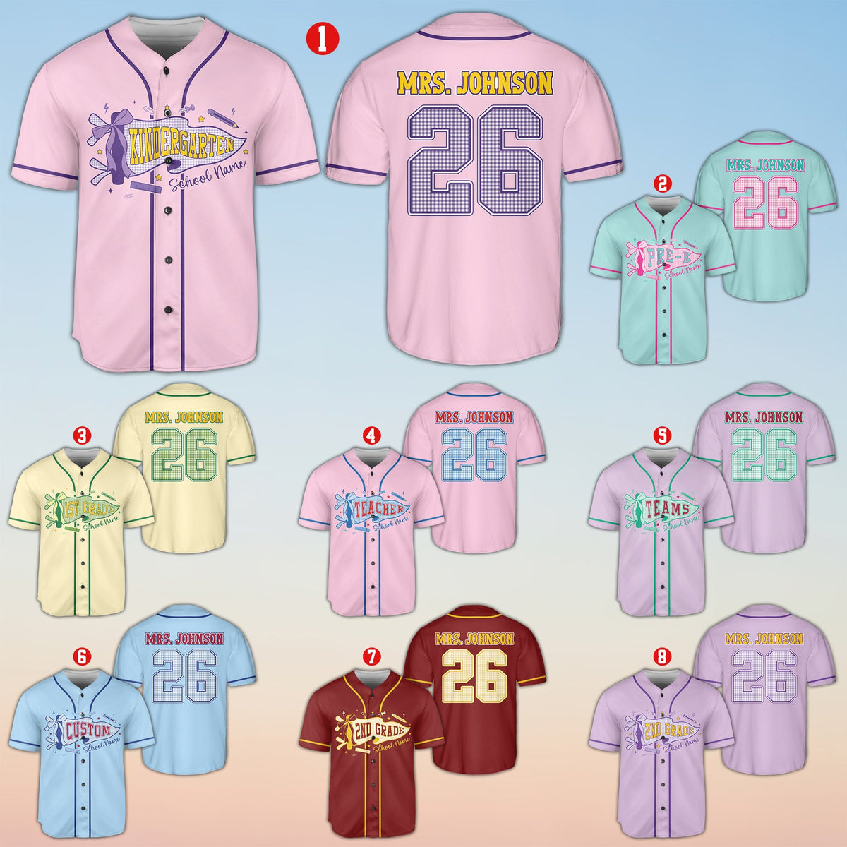 Multicolor array of personalized school baseball jerseys