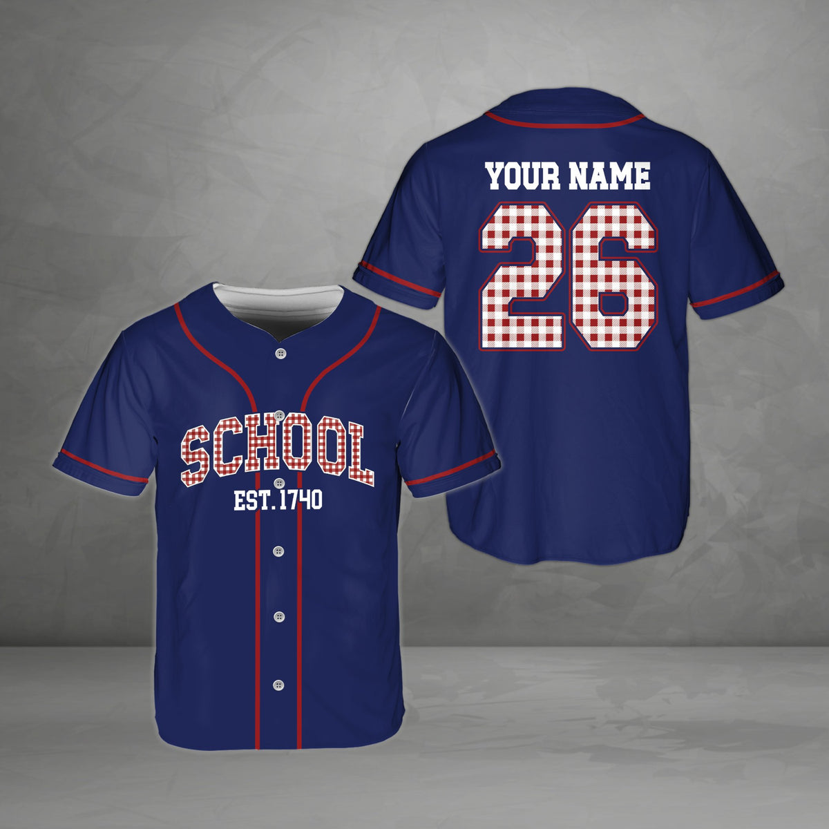 Navy solid baseball jersey with contrasting piping and plaid letters