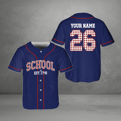 Navy solid baseball jersey with contrasting piping and plaid letters