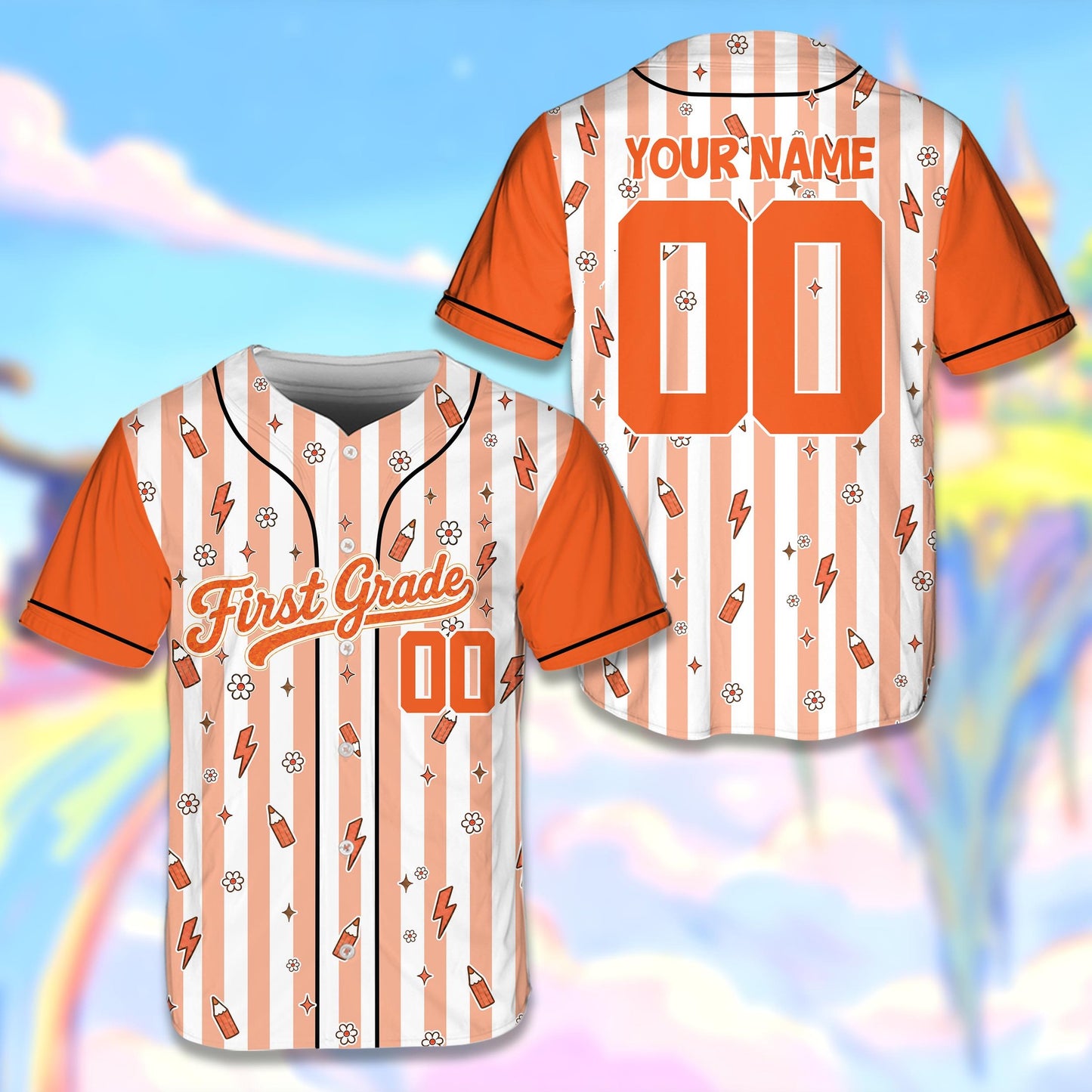 Personalized orange school baseball jersey front view