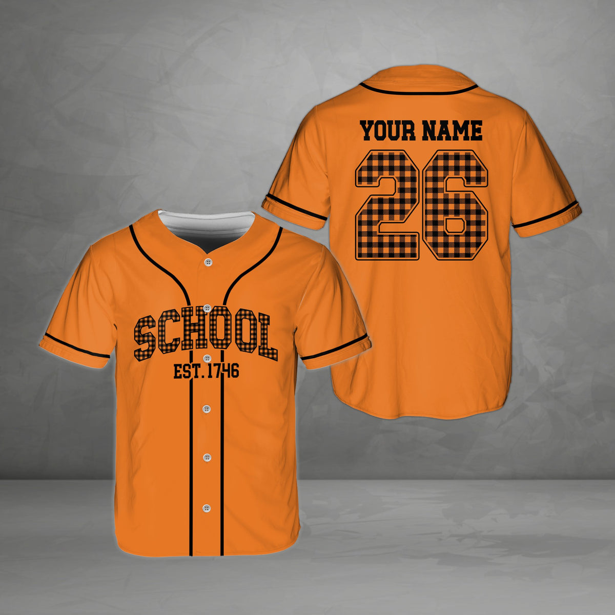 Orange custom baseball jersey with school plaid details